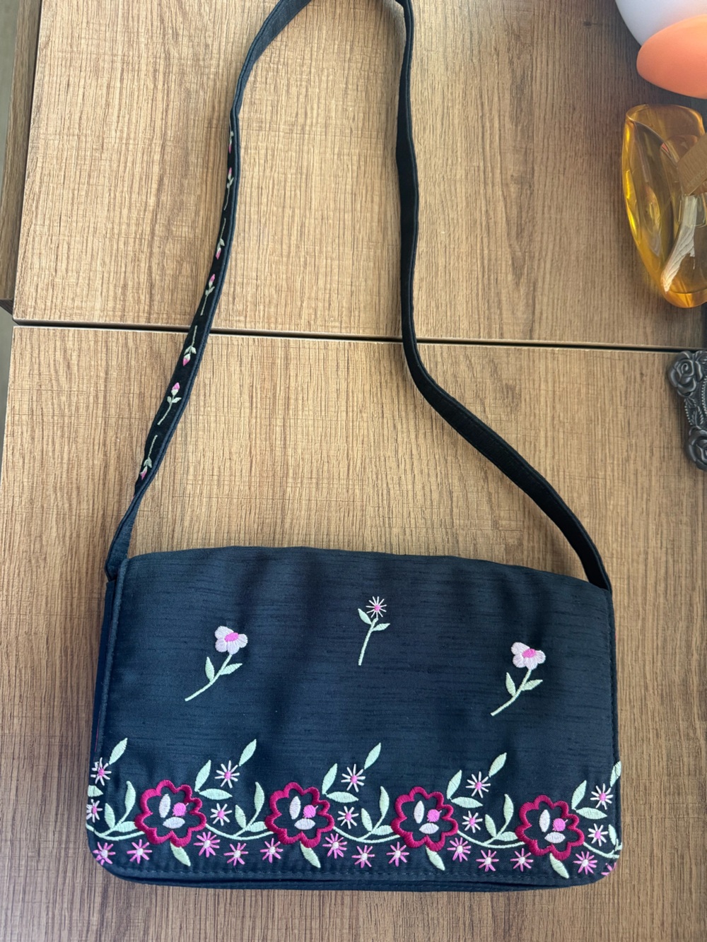 Liz Claiborne Black Shoulder Bag with Pink & Green Floral Embroidery